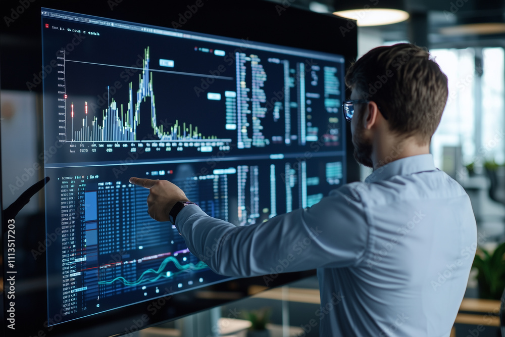 Aufkleber financial analyst is pointing at large screen displaying complex data and graphs in modern office setting, indicating focus on market trends and analysis