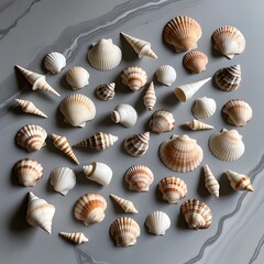 Different kind of seashells next to each other in random shapes and colors, sea creatures with gray background