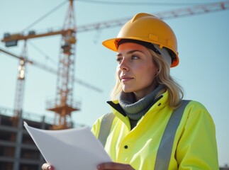 A female construction worker examines blueprints on a busy construction site during the daytime under a clear sky