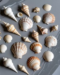 Different kind of seashells next to each other in random shapes and colors, sea creatures with gray background