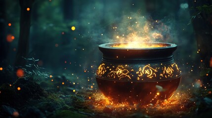 Mystical cauldron glowing with magical fire in dark forest.
