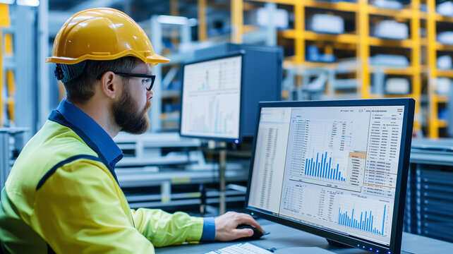 logistics expert wearing hard hat analyzes data on computer screen in warehouse, focusing on efficiency and productivity
