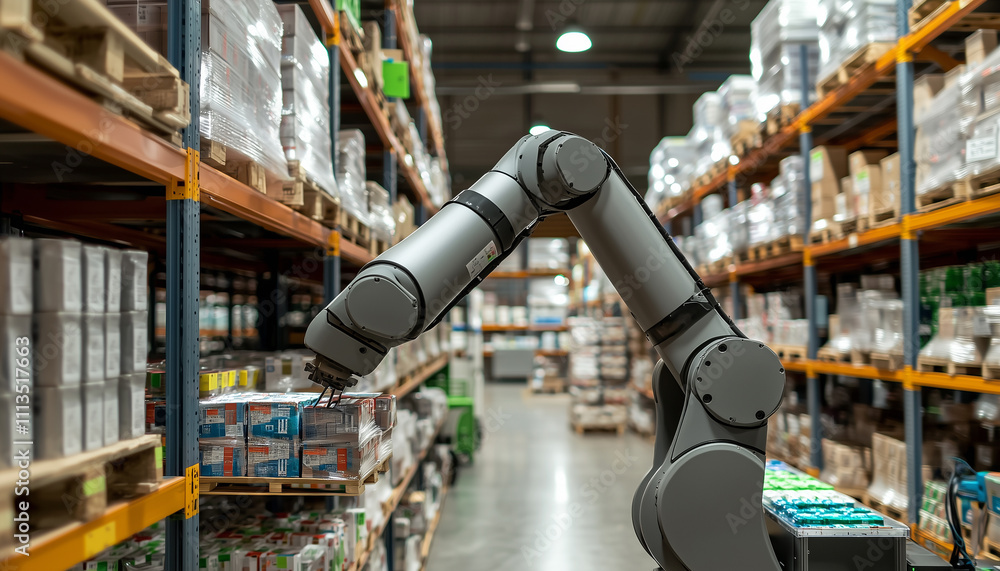 Poster robotic arm efficiently organizes products on warehouse shelves, showcasing advanced automation tech