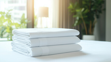 stack of neatly folded white bed sheets sits on bed in bright, minimalist bedroom with large windows and lush green plants, creating serene and inviting atmosphere