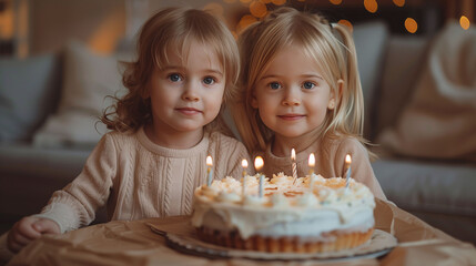 Two Girls Celebrating Birthday with Cake