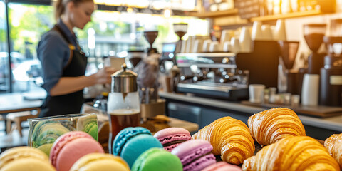 Obraz premium serene afternoon in coffee shop with barista making coffee, colorful macarons, and fresh croissants on display, creating cozy and inviting atmosphere