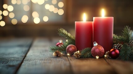 Two red candles burning brightly on a wooden table, surrounded by pine boughs, Christmas ornaments, and pine cones with string lights in the background.