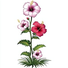 Obraz premium Vibrant Hibiscus Flowers in Vivid Colors with Delicate Petals and Lush Green Leaves, Perfect for Floral Illustrations, Botanical Prints, or Tropical Design Elements