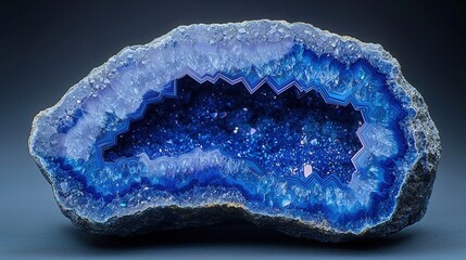 Stunning blue geode with crystalline layers and sparkling center display