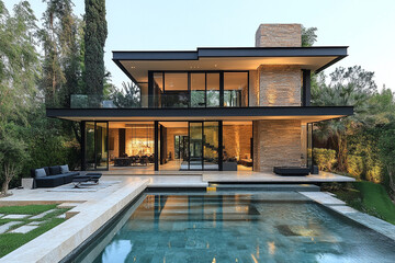 Fototapeta premium Modern Luxury Home With Infinity Pool And Lush Landscaping