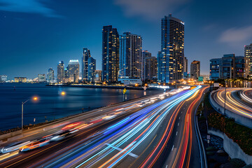 Fototapeta premium Nighttime Cityscape with Highway Traffic