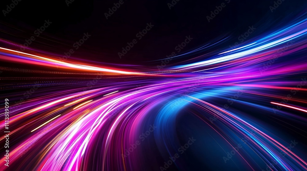 Poster vibrant light trails create a dynamic abstract art piece showcasing motion and color in a dark setti