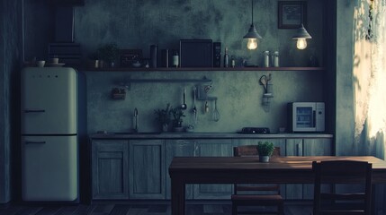 Rustic Kitchen Interior With Vintage Appliances And Wooden Table
