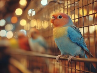 Obraz premium Vibrant parrot perched on cage with colorful bokeh background