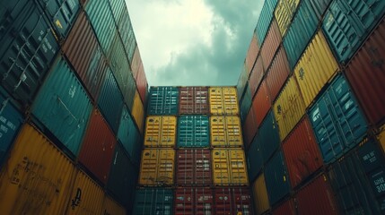 Fototapeta premium Colorful Shipping Containers Stacked High Reaching Skyward
