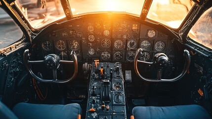 Vintage aircraft cockpit with sun shining through windshield.