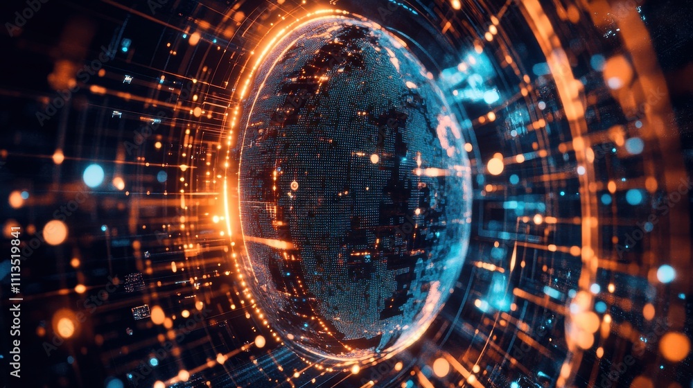 Poster abstract digital globe with glowing lines and data visualization