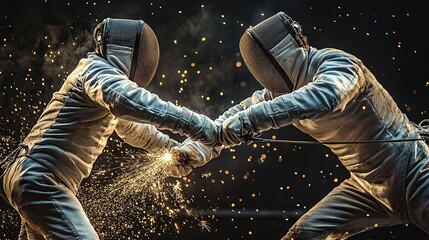Two fencers engage in a dynamic duel, sparking energy and intensity in a dramatic setting.