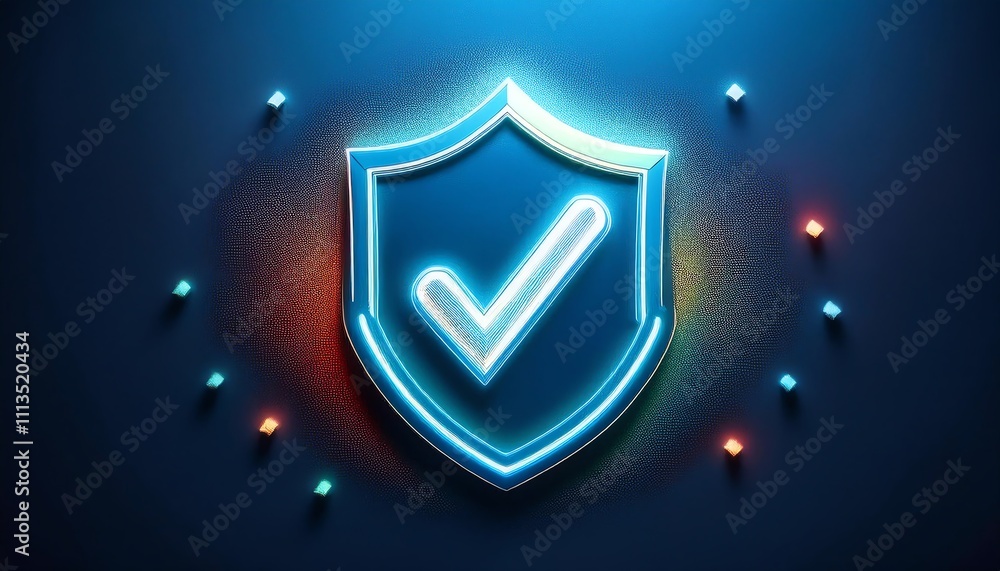 Poster a glowing shield icon with a checkmark symbolizes security and trust in a digital environment.