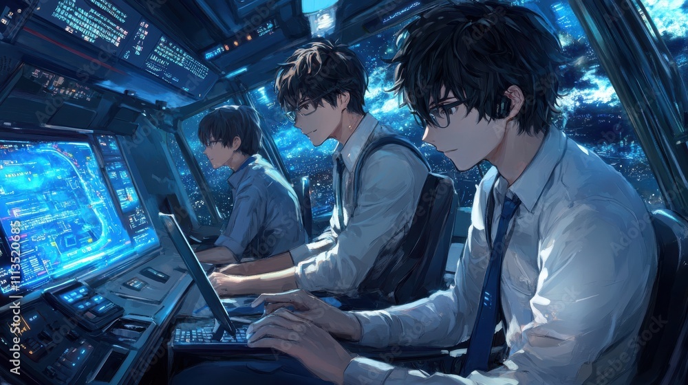Poster futuristic control room with monitors and focused operators