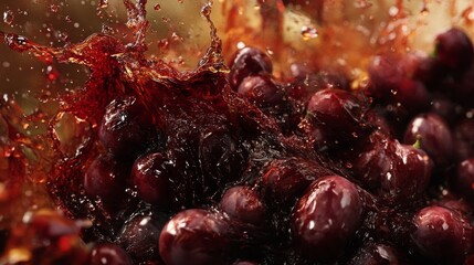 Fresh grapes cascade as they are crushed, releasing rich juices that blend in a vibrant display. This lively process captures the essence of winemaking in a natural environment, inviting exploration.