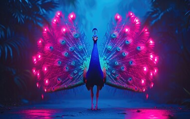 Peacock with Neon Pink and Blue Illuminated Feathers against a dark tropical backdrop