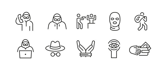 Fototapeta premium Crime icons. Set of 10 crime trendy minimal icons. Gun, Bomb, Incognito, Scammer, Injection, Knife, Handcuffs, Looting, Design signs for web page, mobile app, packaging design. Vector illustration