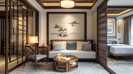 A serene hotel room featuring modern decor and traditional elements for relaxation.