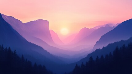 Fototapeta premium Majestic mountain valley at sunrise with vibrant colors.
