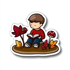Fototapeta premium Young boy reading a book surrounded by colorful autumn leaves and mushrooms in a whimsical illustration, perfect for children's themes and nature activities.