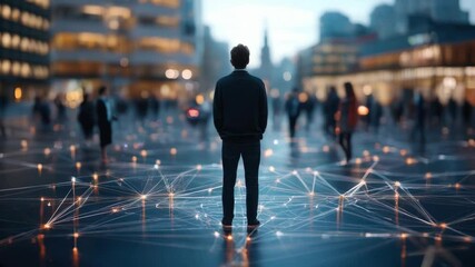 Urban connections person navigating city lights and technology network