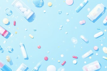 Pill capsules pattern, analgesic pile, painkiller drugs, sedative pills group, medicine gel capsules on blue