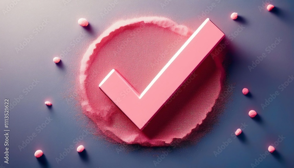 Poster a pink check mark is surrounded by a circular design made of pink powder, creating a vibrant and pla