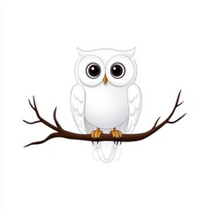 Fototapeta premium Charming White Owl Sitting on a Branch with Big Eyes, Cartoon Style, Cute Animal Illustration for Nature and Wildlife Themes