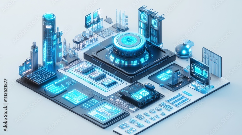 Poster futuristic technology systems interconnected in an isometric view, showcasing complex digital compon