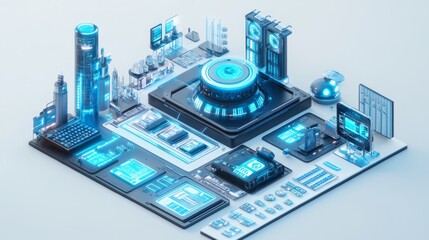 Obraz premium Futuristic technology systems interconnected in an isometric view, showcasing complex digital components and interfaces.