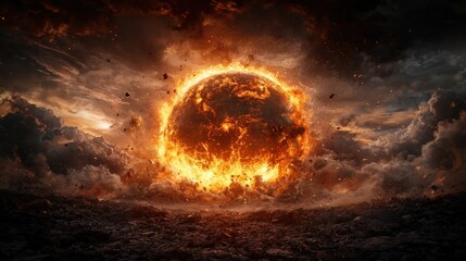 A fiery planet with a large crater in the center