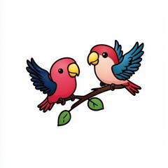 Fototapeta premium Cute and Colorful Cartoon Parrots Sitting on a Branch, Charming Tropical Birds with Vibrant Feathers in a Playful and Engaging Style for Children’s Illustrations