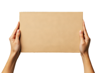 Hands holding a blank cardboard placard, isolated on transparent cutout background