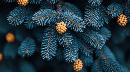 Vibrant blue spruce branches with golden pine cones: a nature's palette of contrasts