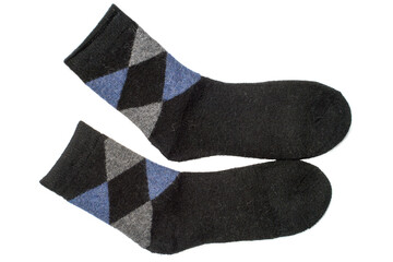 A pair of warm wool socks isolated on a white background. Socks close-up.