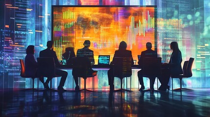 Silhouetted business team analyzes global data on a large screen in a futuristic setting.