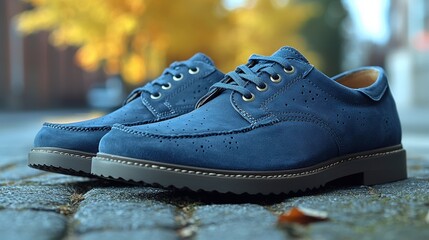 Stylish blue suede shoes on cobblestone street in autumn setting