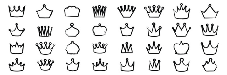 Fototapeta premium Hand drawn crown doodle set. Line brush stroke texture paint style sketch heraldic symbols. Medieval jewelry in doodle style vector illustration