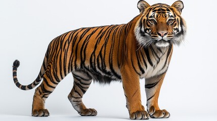 Majestic tiger against white background showcasing striking stripes and poised stance