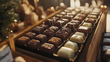 Assorted Gourmet Chocolates Displayed on a Wooden Stall at a Festive Marketplace, Showcasing Rich Textures and Delicious Colors Under Warm Lighting