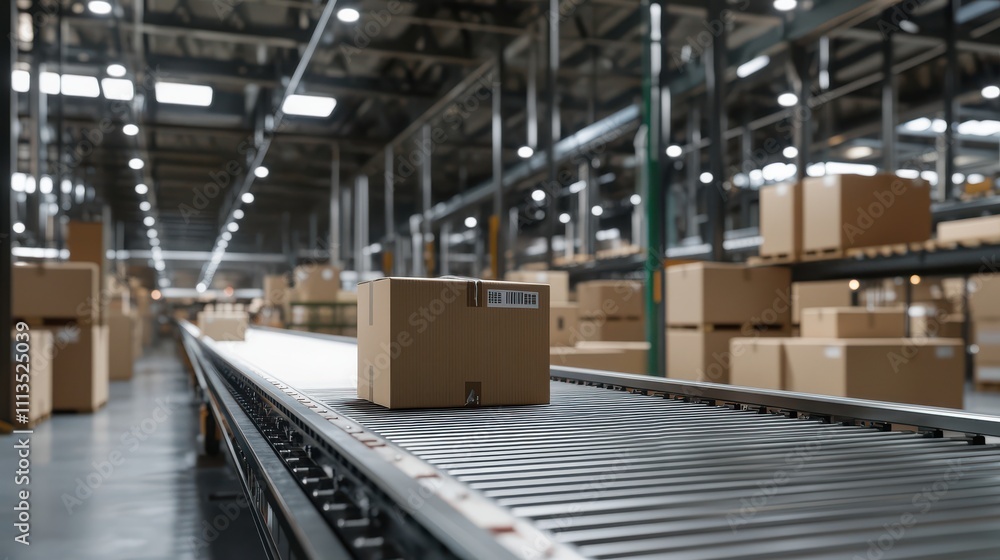 Poster modern automated warehouse with conveyor belt system transporting packages in a high-tech logistics 
