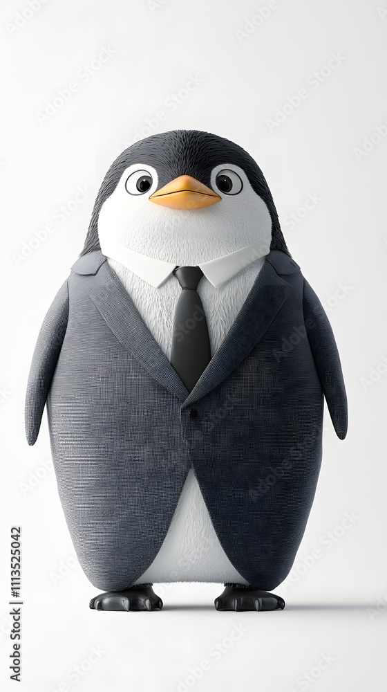 Poster a penguin in a formal gray suit, standing confidently against a soft white background with ample emp