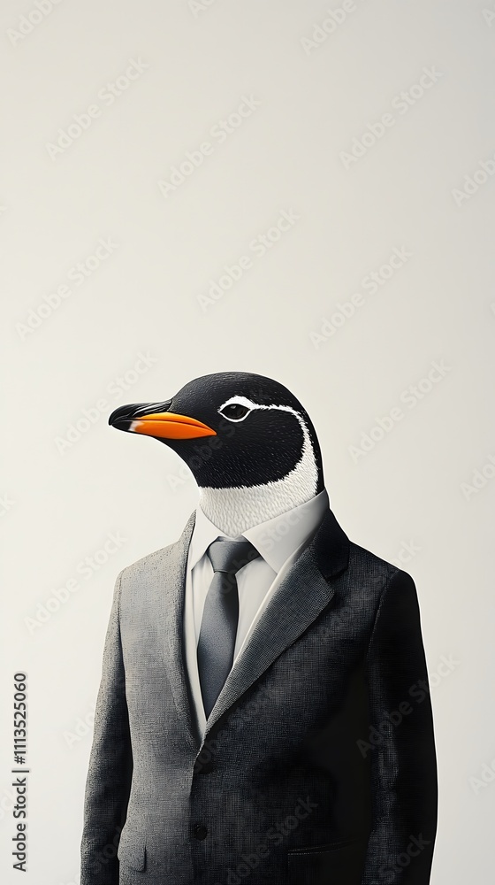 Poster a penguin in a formal gray suit, standing confidently against a soft white background with ample emp