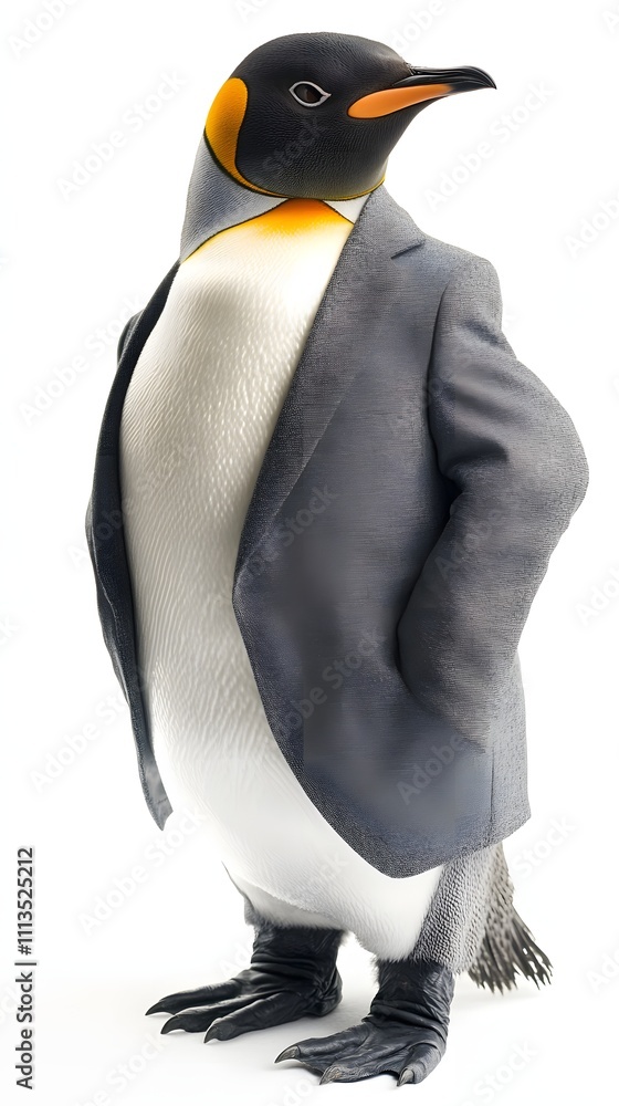 Poster a penguin in a formal gray suit, standing confidently against a soft white background with ample emp